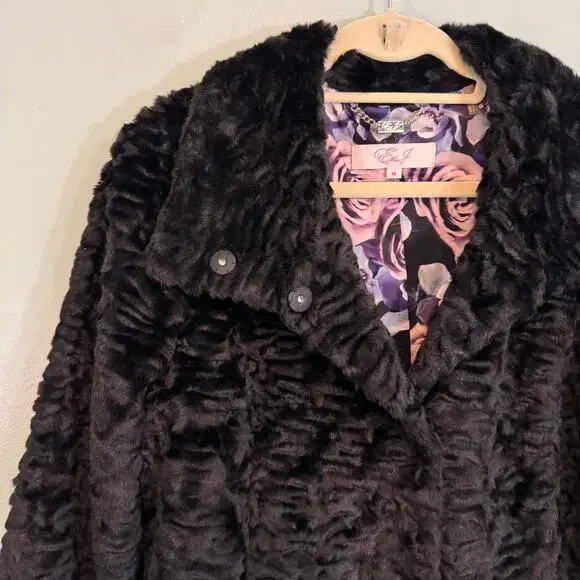 Eliza J Faux Fur Coat Womens Medium Black Teddy Snap Cozy Winter Floral Lined